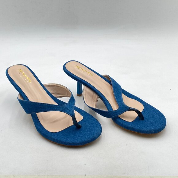 XYD Blue Denim Thong Sandals Mid Heel Flip Flops Open Toe Daily Wearing Slippers - Picture 4 of 8